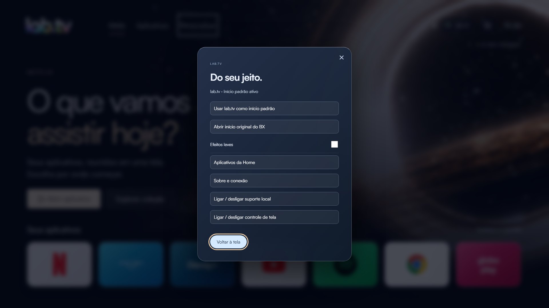 Menu Personalizar do lab.tv