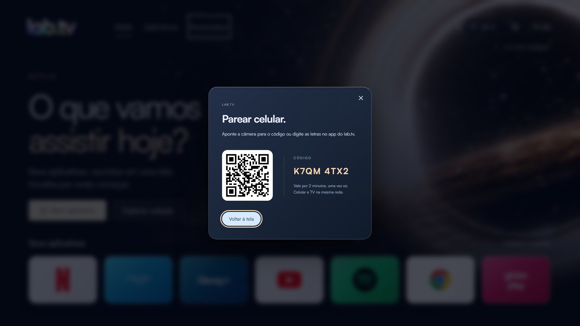 Tela de pareamento do celular com QR